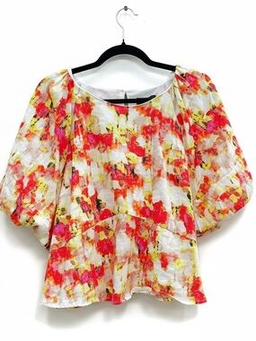 DKNY Floral Watercolor Peplum Top Red & Yellow Accents Linen Blend